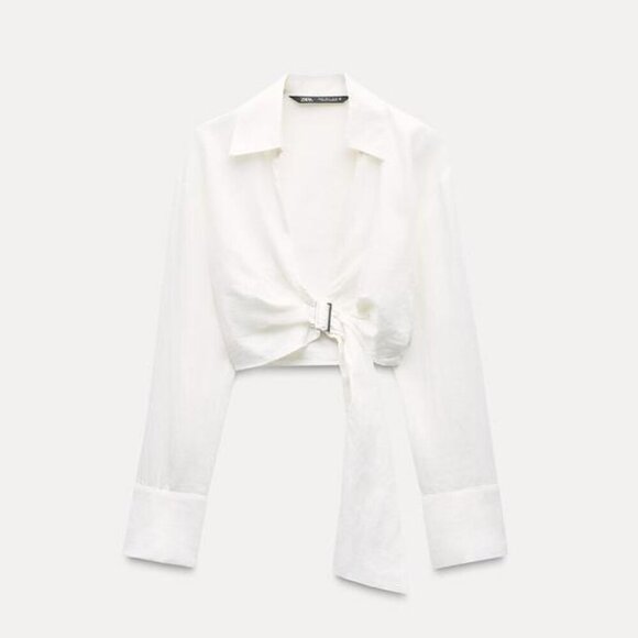 NWT ZARA BUCKLED LINEN SHIRT M | Ecru - Picture 1 of 3